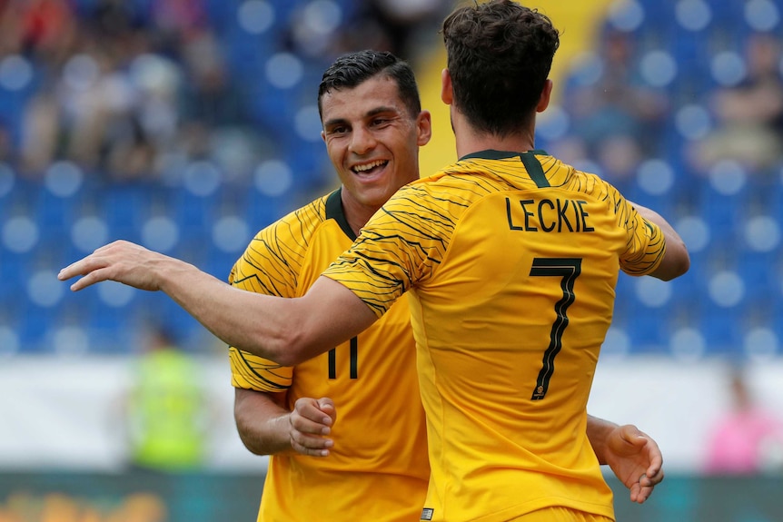 Matthew Leckie celebrates his goal against Czech Republic with Andrew Nabbout