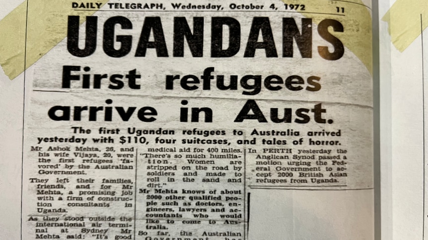A 1972 Newspaper Clipping reading "UGANDANS first refugees arrive in Aust."