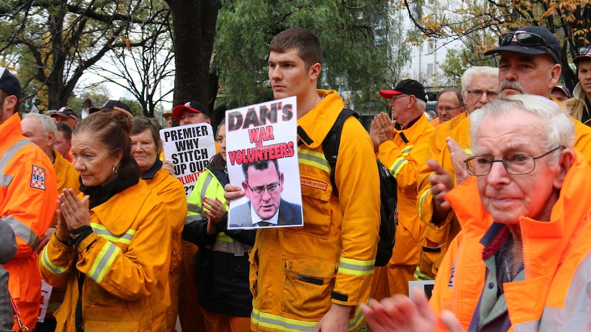 Volunteer firefighters protesters in Melbourne