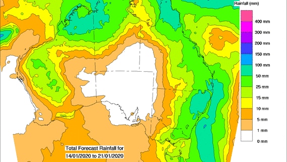 Map of Australia showing at least 15mm forecast for a ring anti clockwise around the coast all the way from Tas to mid WA.