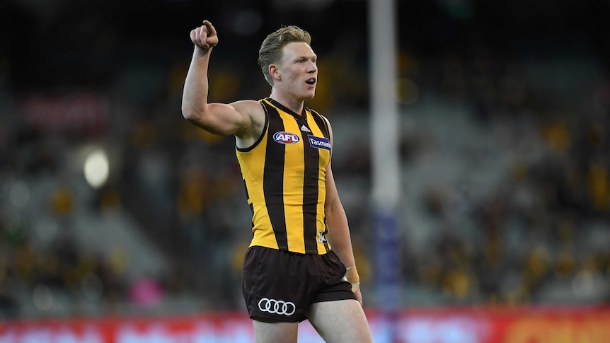 James Sicily of the Hawks reacts after kicking a goal against Adelaide at the MCG.