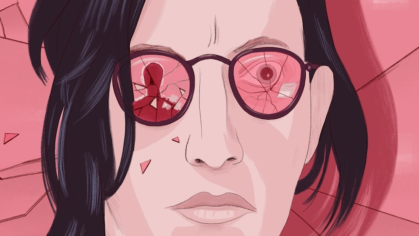 a person with black hair wearing pink glasses that are shattered and broken.