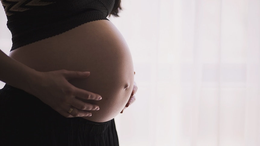 A pregnant woman holds her stomach, white background.