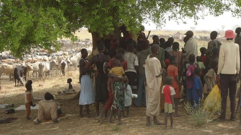 A group of South Sudanese people stand under a tree with cattle in the background.