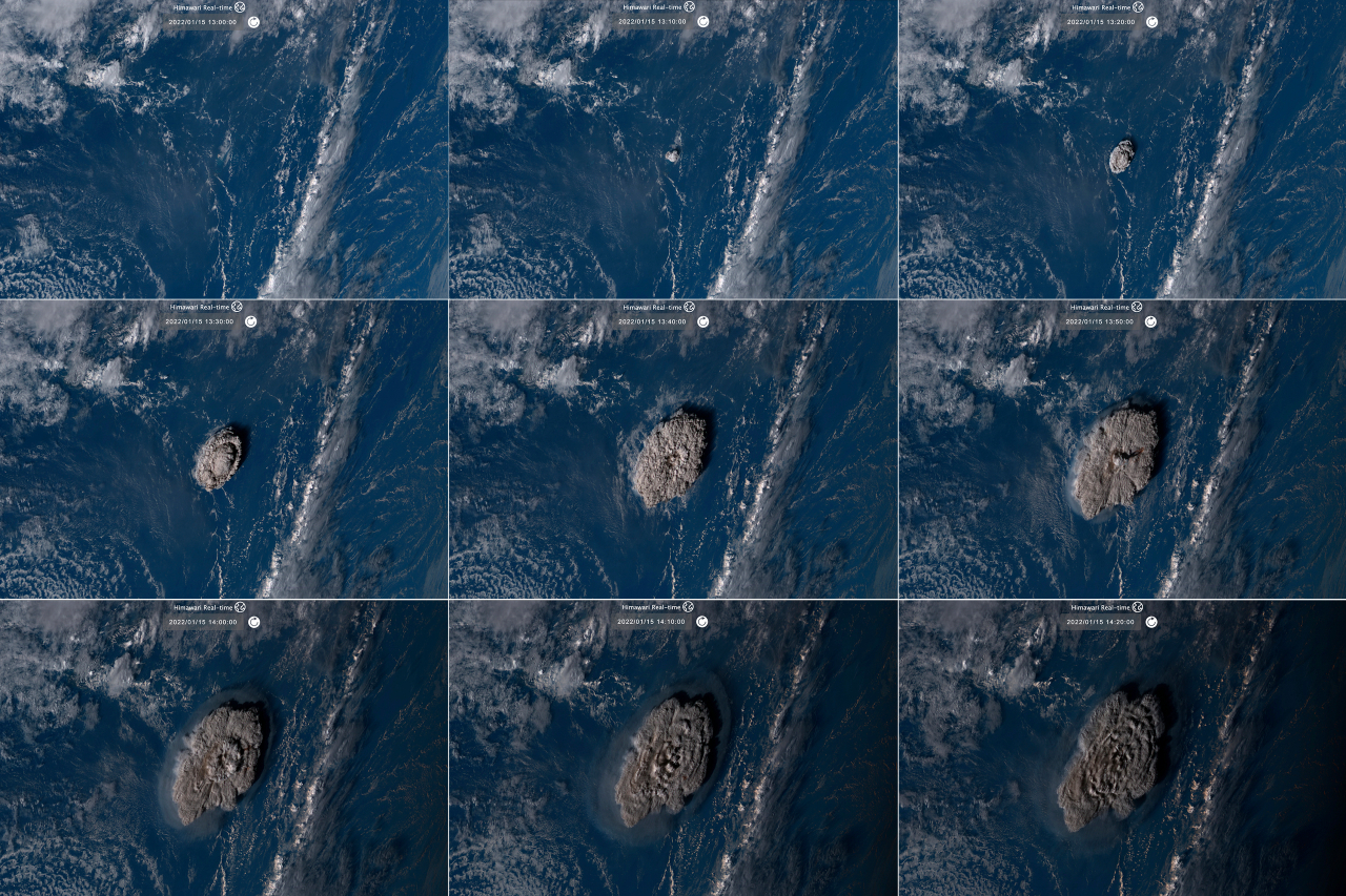 A combination of satellite images showing the Tongan volcano eruption.