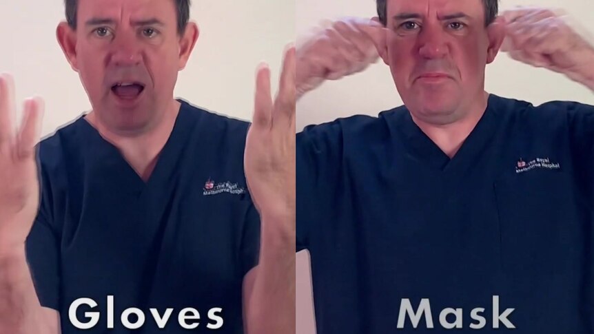 Two side-by-side images of Jonathan Papson wearing navy blue scrubs and doing different dance moves.