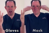 Two side-by-side images of Jonathan Papson wearing navy blue scrubs and doing different dance moves.