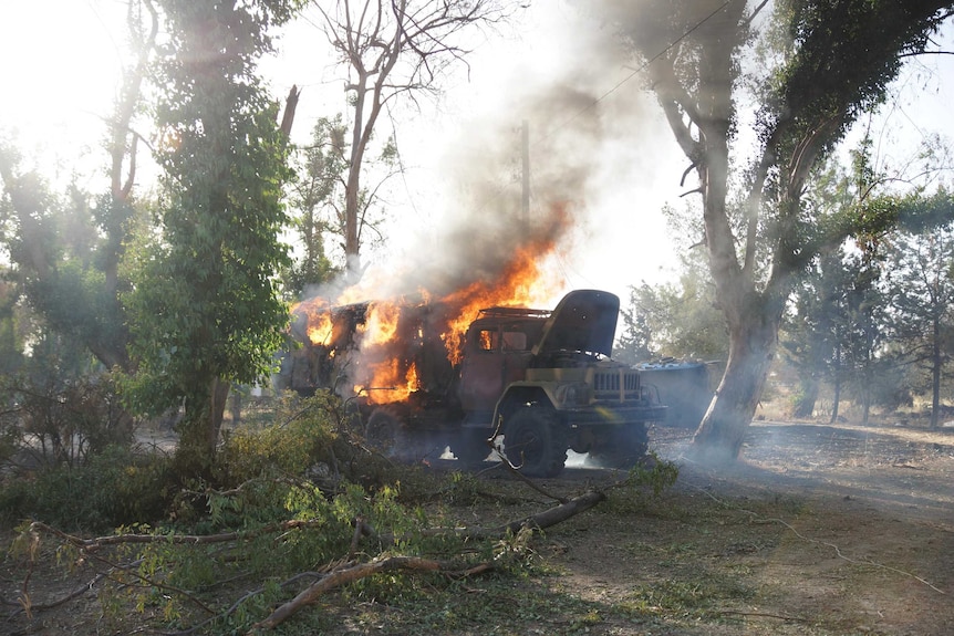 A military truck belonging to Syrian president Bashar Al-Assad forces