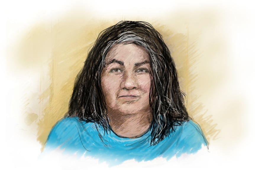 A court sketch of Kerrie Elizabeth Struhs, who has dark hair and wears a blue shirt.