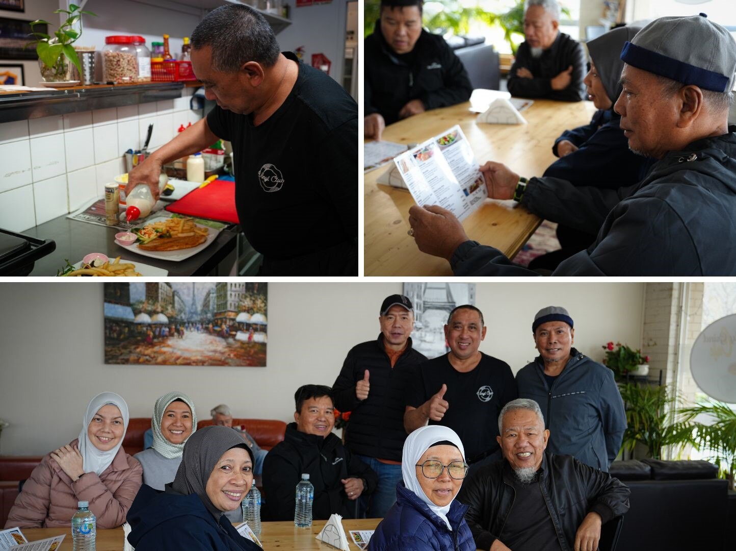 Collage de un hombre trabajando en un café y gente sentada en las mesas del café.