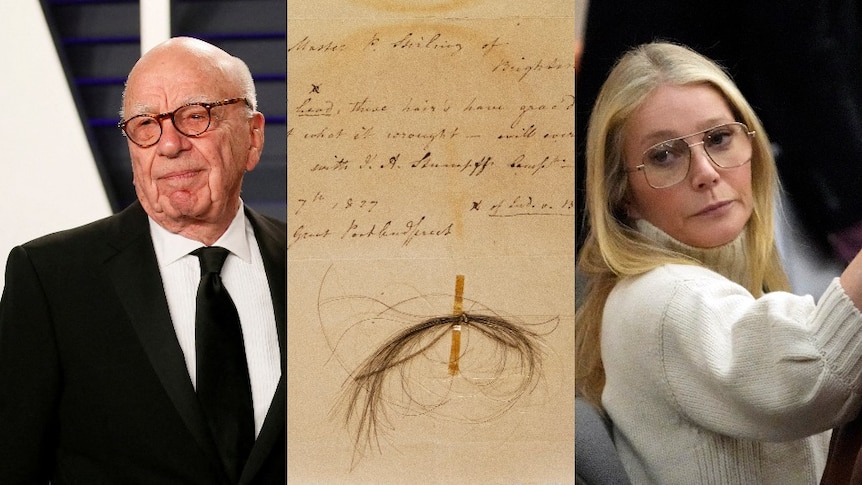 A composite image of Rupert Murdoch in a suit, a tuft of hair on a written letter, and Gwyneth Paltrow sitting in court