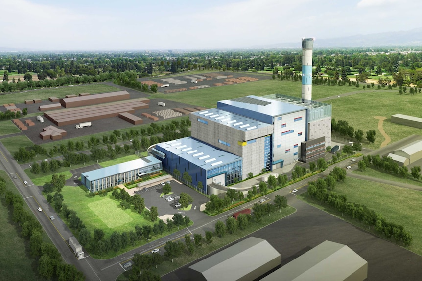 An aerial view of an industrial-looking thermal waste-to-energy plant in Kwinana.