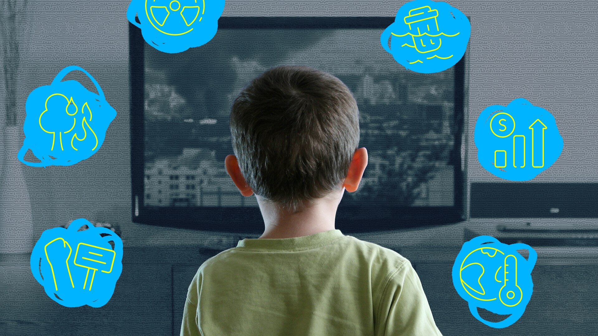 A young kid watches TV. Icons of bushfire, protest, global warming, inflation, ocean pollution & nuclear waste encircle them.