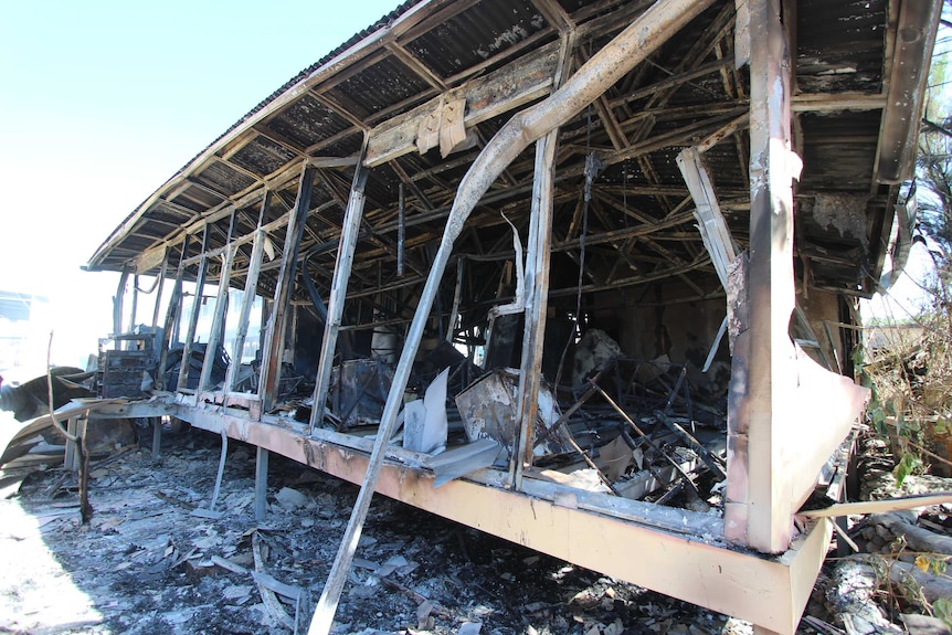 The burnt-out remains of an administration building after a riot on Nauru