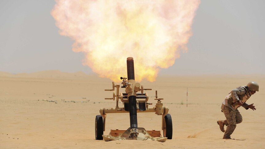 Saudi soldier fires mortar