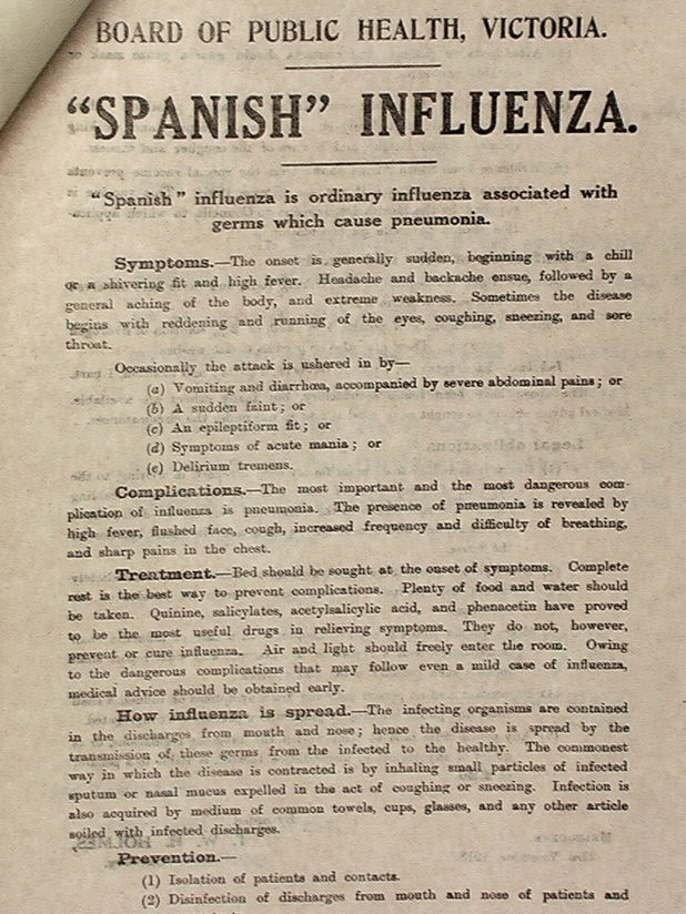 A leaflet describing the onset and symptoms of "Spanish" influenza.