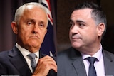 Malcolm Turnbull looks displeased as John Barilaro looks over at him