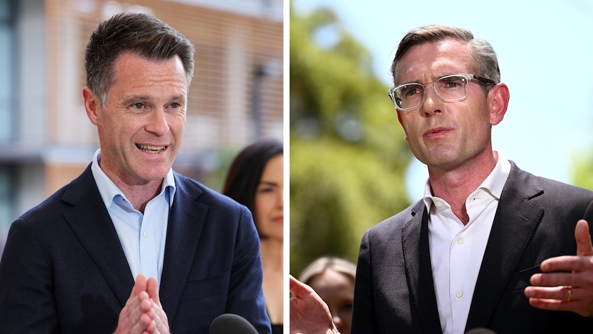 a composite image of two men one wearing glasses speaking outdoors to the press