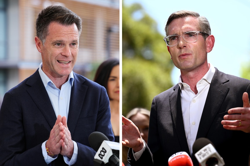 a composite image of two men one wearing glasses speaking outdoors to the press