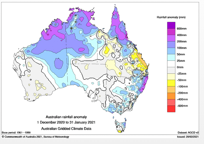 A map that shows average to low rainfall in south west WA and parts of QLD.