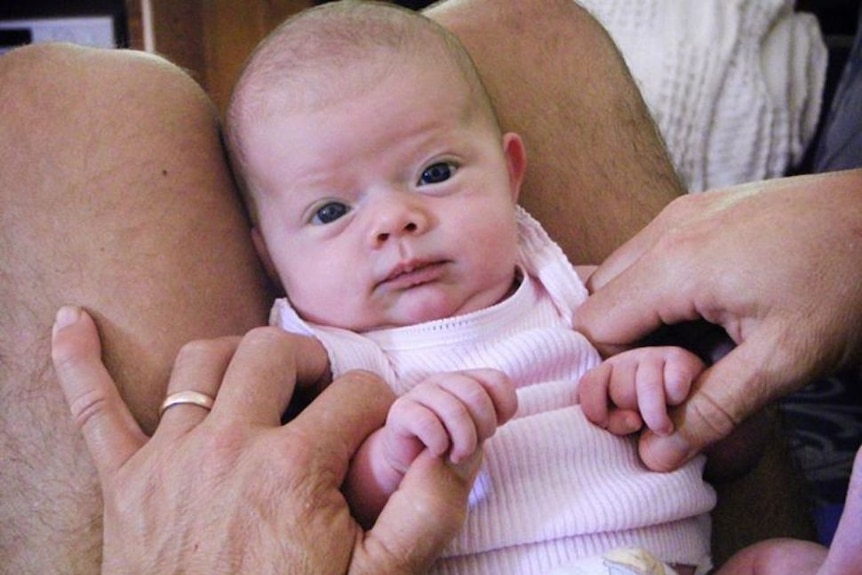 A baby sitting upright in a parent's lap.