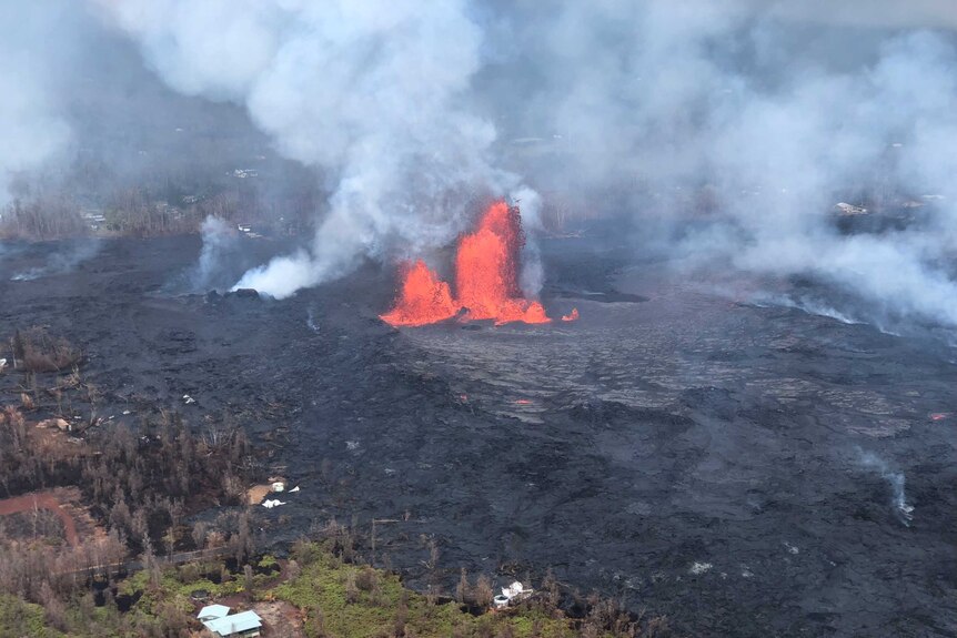 Lava fountains from fissure 8 after a volcano erupted in Hawaii.