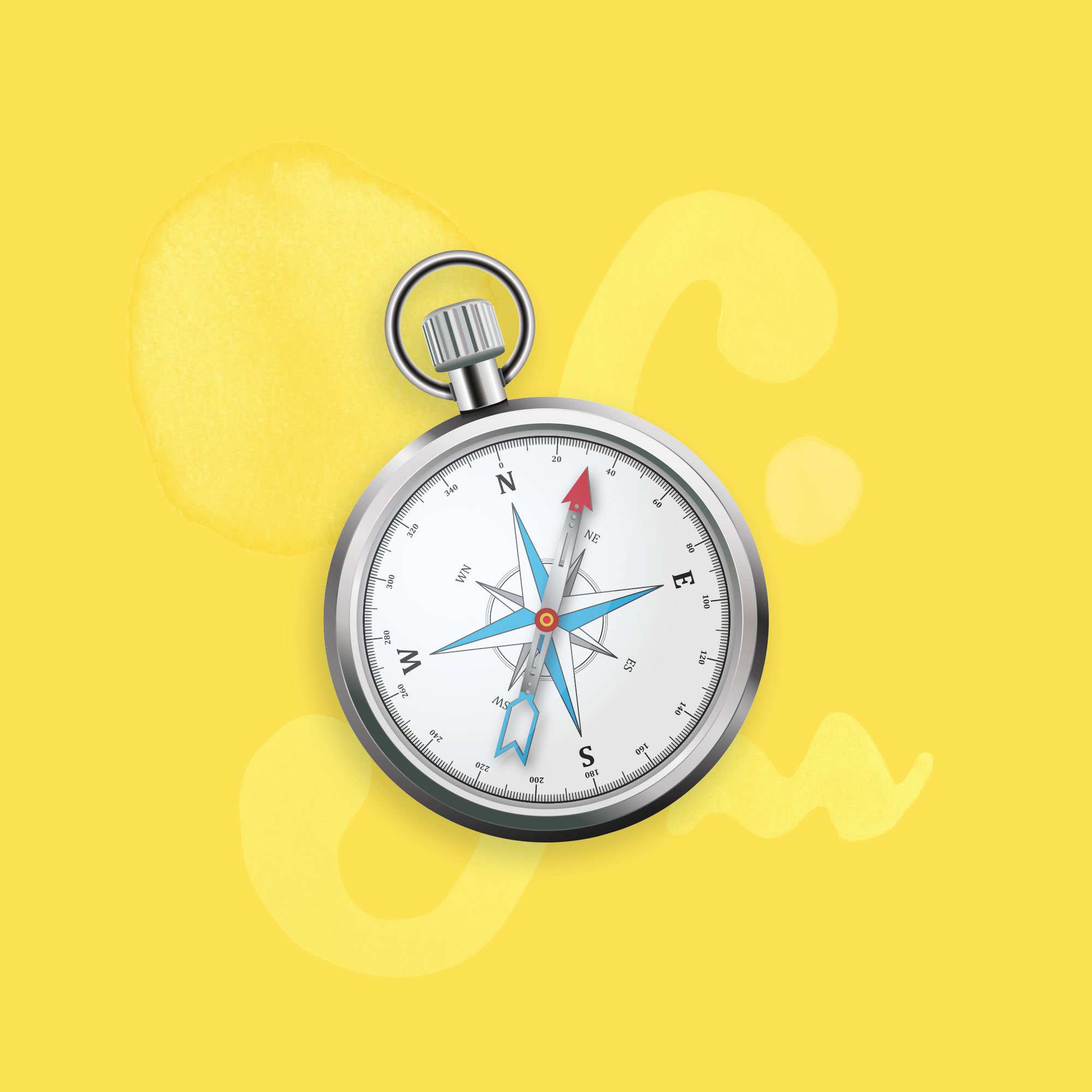 A compass sits on a bright yellow background.