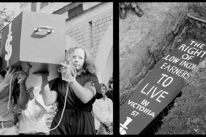 A coffin painted with text that says: 'The right of low-income earners to live on Victoria Street.'