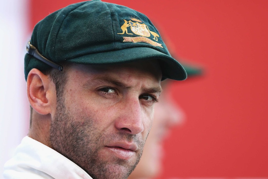 Phil Hughes looks on during Test against Pakistan