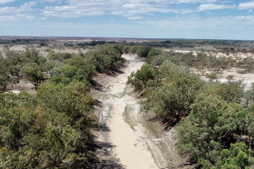 A view from the air of a completely dry, sandy river bed with trees eitherside