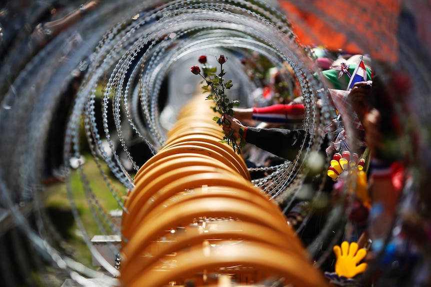 Anti-government protesters give roses, through razor wire, to the security personnel guarding the Bangkok Defence Ministry.