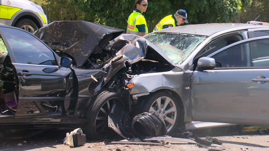 Wreckage of two cars in a fatal crash at Manly West on Christmas Day 2017 that killed a mother and daughter.
