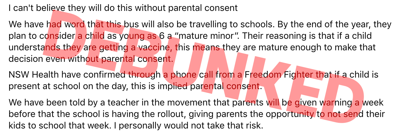 Facebook post claiming children can take a vaccine without adult consent with a large debunked stamp overlayed