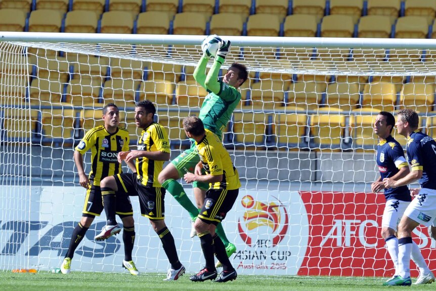 Phoenix keeper Mark Paston saves from the Central Coast Mariners at Westpac Stadium in Wellington.