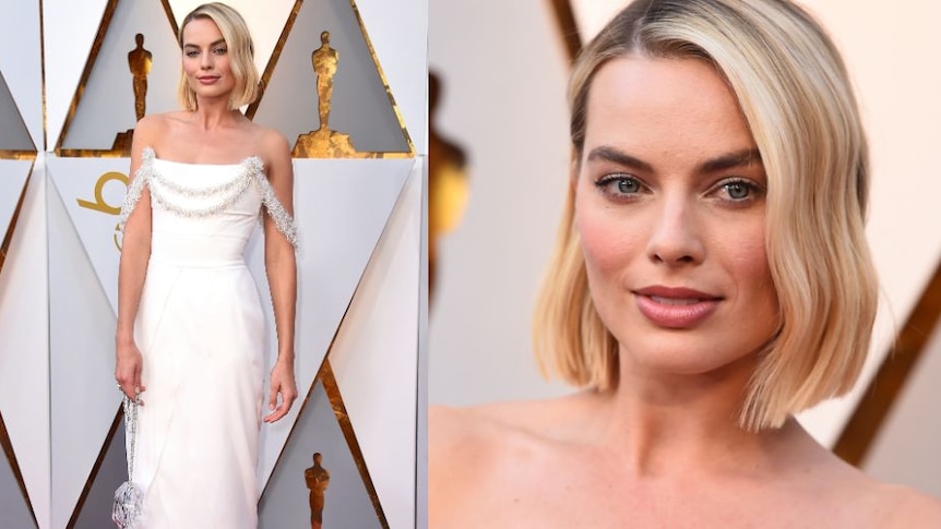 Margot Robbie wearing white Chanel on the red carpet.