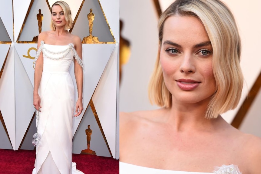 Margot Robbie wearing white Chanel on the red carpet.