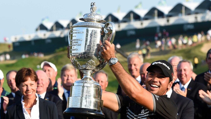 Jason Day with the Wanamaker Trophy after winning the 2015 PGA Championship in 2015.