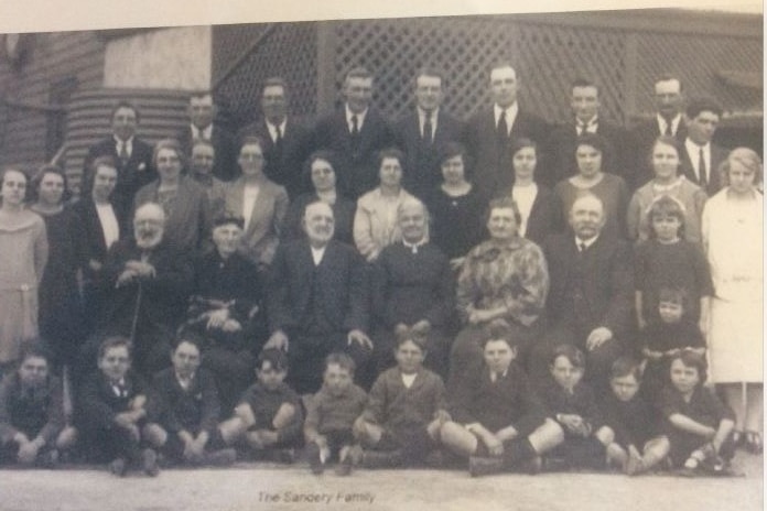 An old photo of a large family with children sitting in the front and adults in the back, most people with serious expressions.