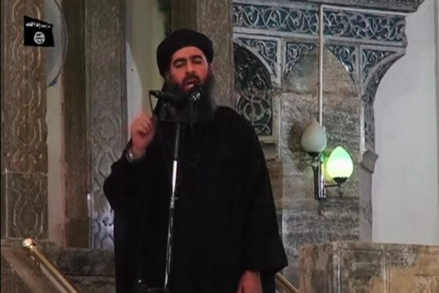 Abu Bakr al-Baghdadi declaring the caliphate in 2014.