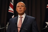 Peter Dutton looks into the distance with two Australian flags behind him