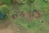 an aerial shot of people arranged to spell out 'Jayo' 