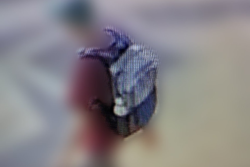 A blurry image of a person wearing a blue backpack