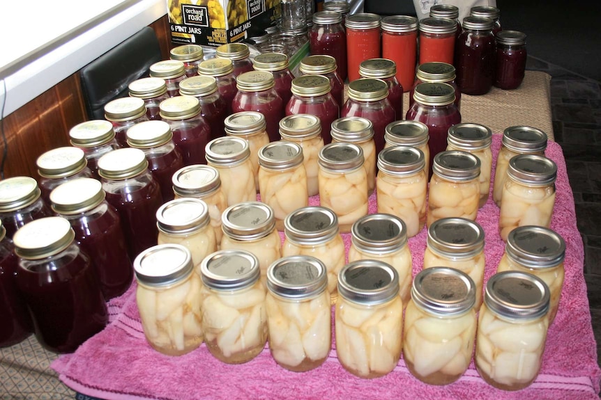 Grape juice ready to be made into jelly and jars of preserved pears.