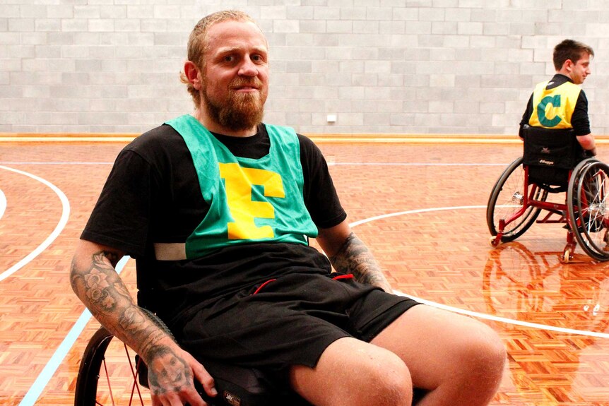 Richard Jones on the court ready for a match of wheelchair AFL