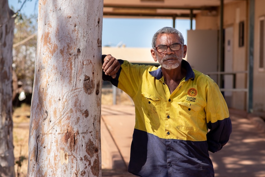 A man in a long-sleeved high vis top, leaning against a eucalyptus tree on a sunny day.