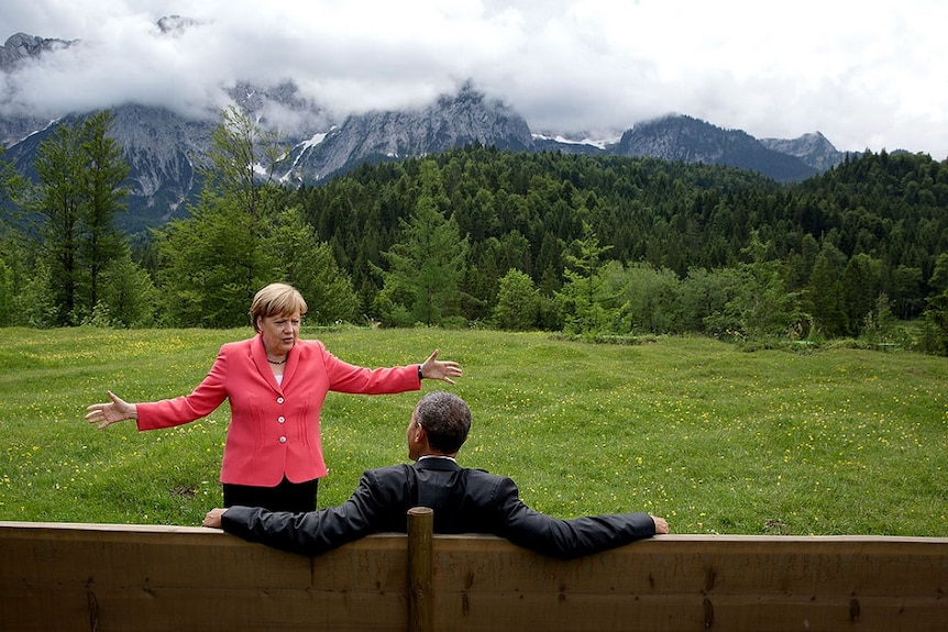 Obama with Angela Merkel in the mountains
