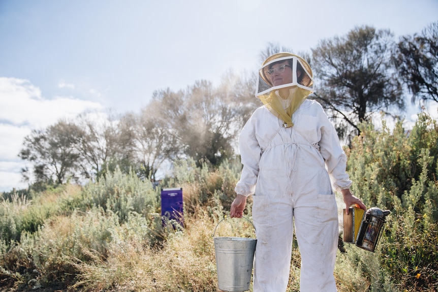 A woman in a beekeeping outfit