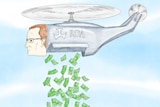An illustration of RBA governor Philip Lowe as a helicopter dropping money