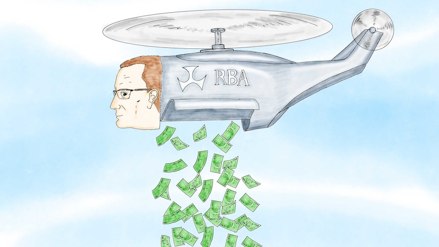 An illustration of RBA governor Philip Lowe as a helicopter dropping money
