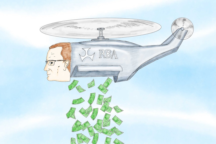 An illustration of RBA governor Philip Lowe as a helicopter dropping money.